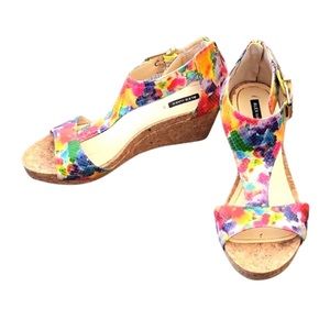 Alex Marie tie dye print wedge sandal with back zipper and adjustable buckle